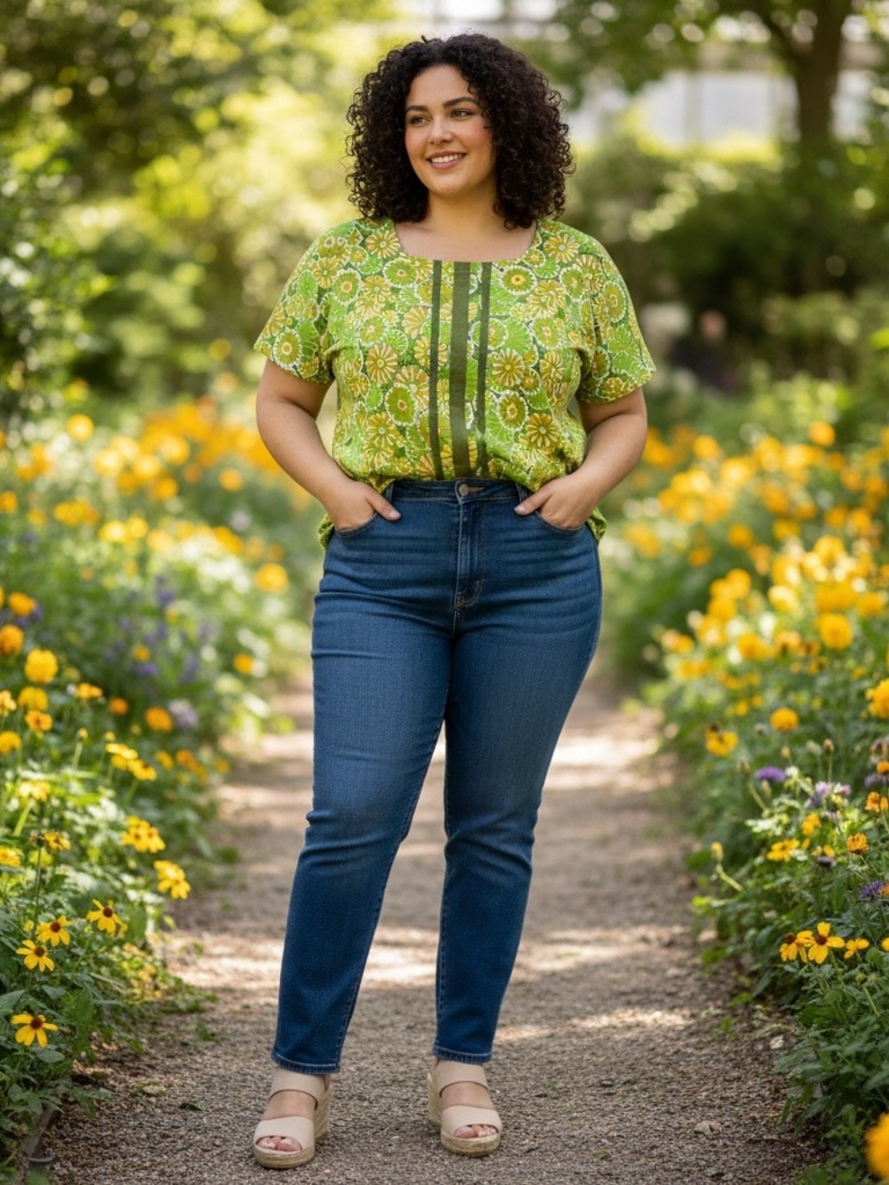Bob Mackie  Women Blouse Plus Size 1X Cotton Floral Summer Casual Classic Green